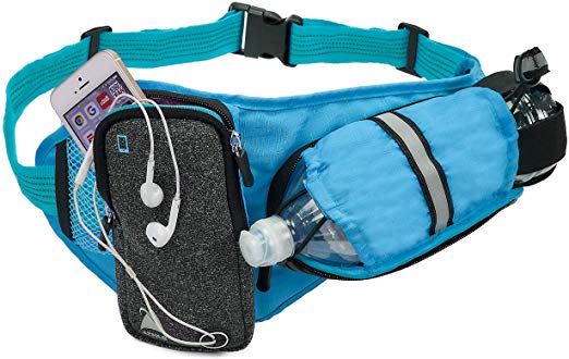 Athlé Running Belt – Horizontal Water Bottle Pouch, Large Fanny Pack Pocket Fits All Phones and Wallet, Adjustable One Size Fits All Waist Band, Key Clip, 360° Reflective