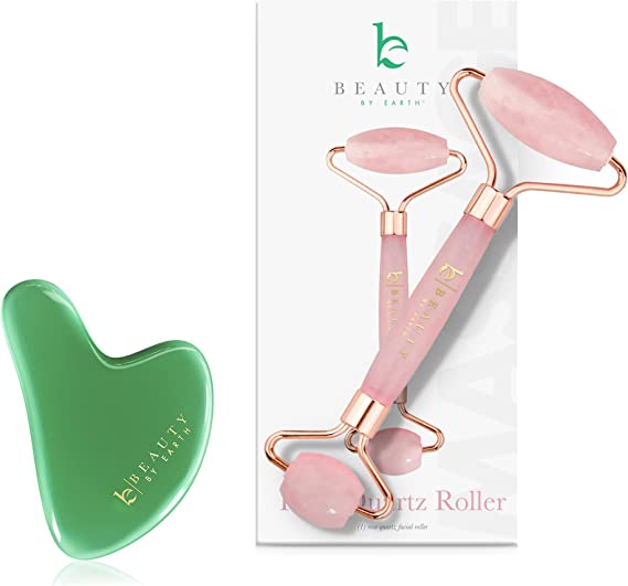Gua Sha Tool for Lymphatic Drainage for Face, Eyes, Neck & Body - Jade Stone Guasha Scraping Massage Tool - Rose Quartz Facial Roller - Best Face Roller and Skincare Tool for Facial Massage