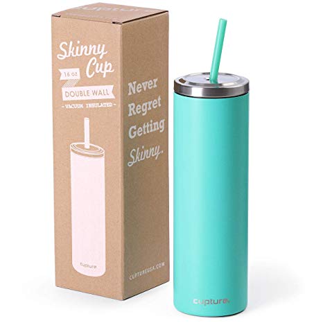 Cupture Stainless Steel Skinny Insulated Tumbler Cup with Lid and Reusable Straw - 16 oz (Bright Teal)