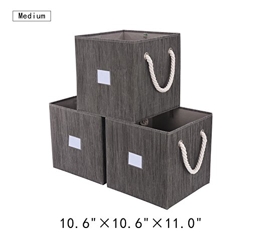 StorageWorks Foldable Basket Cubes with Strong Cotton Rope Handle,Sturdy Stackable Storage Cube Box Bins With 25lbs By, Taupe, Bamboo Style, Medium 5 gal, 3-Pack