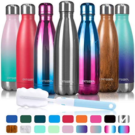 arteesol Water Bottle, Stainless Steel Double Walled Water Bottles, Vacuum Insulated Drink Bottle, Keep Hot and Cold Flask, Leak Proof Narrow Mouth,BPA Free for Sports,Gym,Camping