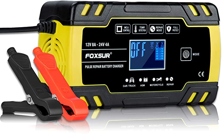 Car Battery Charger - 12V/24V 4A/8A Smart Automatic Battery Charger, LCD Display Pulse Repair Charger Pack for Car, Lawn-Mower, Motorcycle, Boat, SUV and More