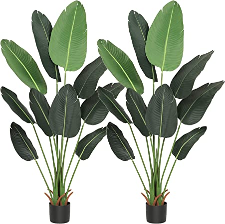 VIAGDO Bird of Paradise Artificial Plants 5ft Tall Faux Tropical Banana Leaf Plant Fake Travelers Palm Tree Potted Silk Plants for Home Office Indoor Floor Corner Decor Housewarming Gift, 2Pack