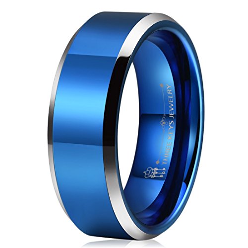 Three Keys Jewelry 8mm Mens Tungsten Wedding Ring Blue Polished Silver Edge Wedding Band Engagement Ring