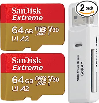 SanDisk 64GB (2 Pack) Extreme microSDXC 170MB/s UHS-I Memory Card SDSQXAH-064G-GN6MN Bundle with (1) GoRAM Card Reader (64GB, 2 Pack)