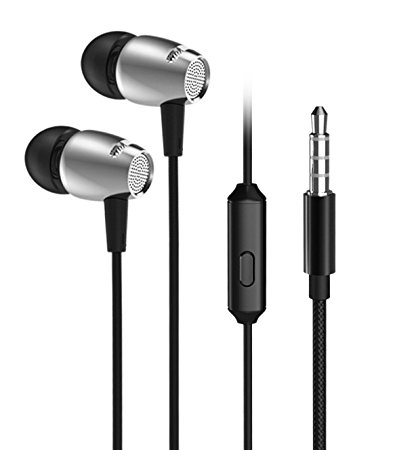 PWOW K53 In-Ear Earbuds Earphone with Microphone Stereo Earphones Universal 3.5mm Metal Headphones for iPhone/ Samsung/ Computer – Silver Grey