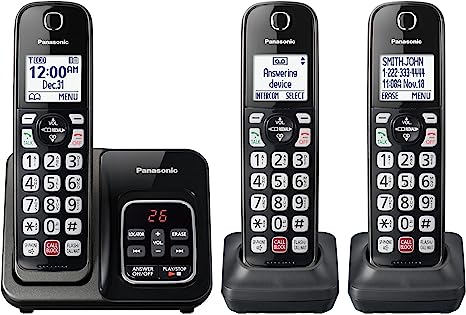 Panasonic Cordless Phone with Answering Machine, Advanced Call Block, Bilingual Caller ID and Easy to Read High-Contrast Display, Expandable System with 3 Handsets - KX-TGD833M (Metallic Black)