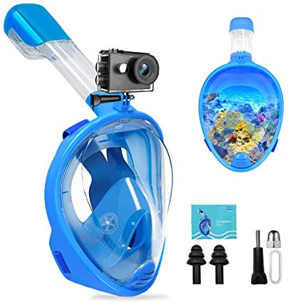 Snorkel Mask - Dual-Snorkel Full Face Snorkeling Mask, 180 Panoramic View Scuba Diving Mask w/ Camera Mount for Adults & Kids, Easy Breath, Anti-fog Anti-leak Snorkeling Gear for Free Diving Swimming