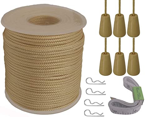 Y-Axis Roll of 60 Yards 2.0mm Light Gold Braided Nylon Lift Shade Cord with 6 Pack White Wood Cord Knobs   Soft Tape