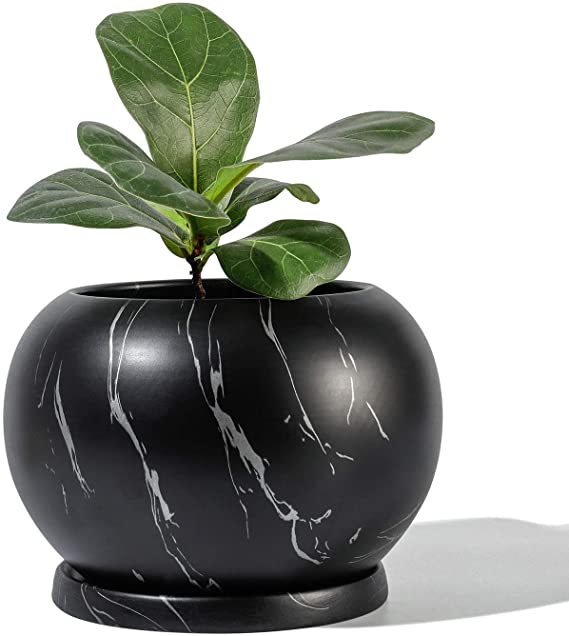 POTEY Planter Ceramic Plant Flower Pot - 5" Large Indoor Glazed Container Bonsai with Drainage Hole Saucer - Large Space, Black&Silver