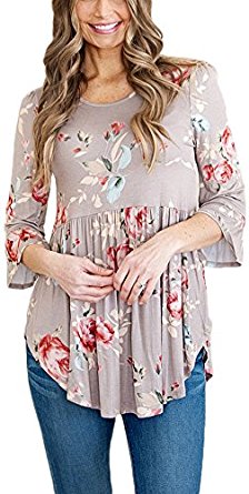 NENONA Women's Scoop Neck Floral Print Pleated Loose Casual Bell Sleeve Blouse Top