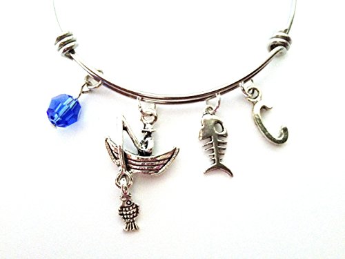 Fishing themed personalized bangle bracelet. Antique silver charms and a genuine Swarovski birthstone colored element.