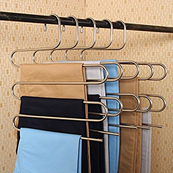 Kictero 2 Pack Pants Hangers S-type Stainless Steel Trousers Rack 5 layers Multi-Purpose Closet Hangers Magic Space Saver Storage Rack for Clothes/ Towel/ Scarf / Trousers/ Tie