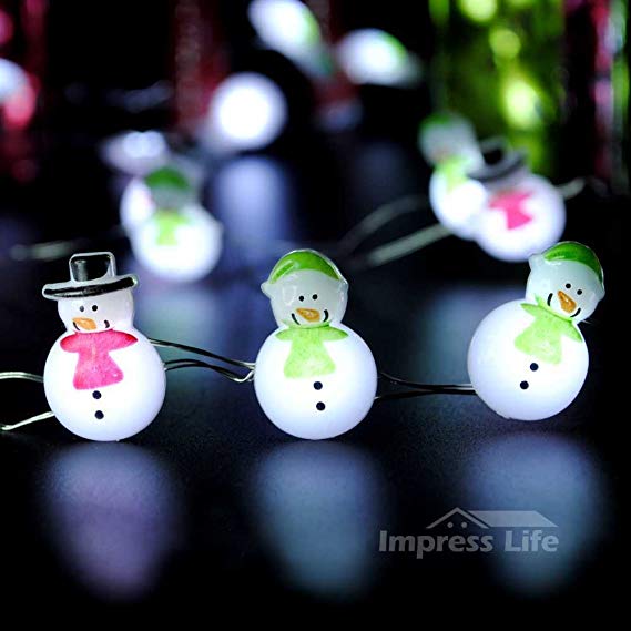 Impress Life Christmas Tree Decoration String Lights, Snowman 10 ft Silver Wire 40 LEDs with Remote & Timer for Indoor and Covered Outdoor, Fireplace Mantel Wreath Garland Home Bedroom Winter Ornament