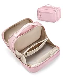 BAGSMART Travel Makeup Bag Large Capacity Cosmetic Bag, Wide-open Portable Make Up Bag Organizer for Women for Travel Essentials Travel-Size Toiletries Accessories Bottles, Brushes, Light pink