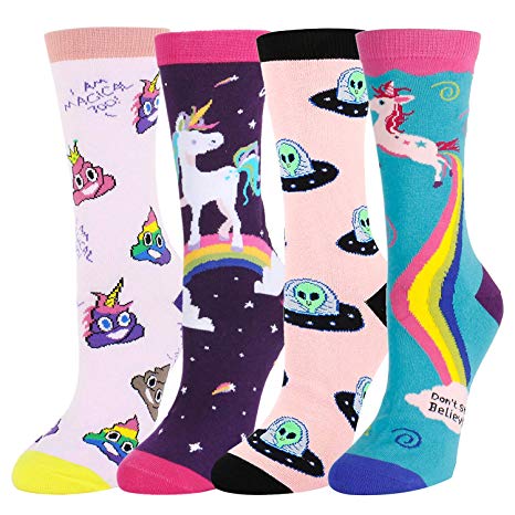 Women's Novelty Crazy Crew Socks Funny Colorful Food Rainbow Unicorn Teacher Book Chicken Hen Teeth Sloth Otter Socks