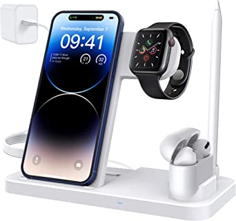 ZasLuke Wireless Charger, 4 in 1 Wireless Charging Station for Apple Watch & AirPods and Apple Pencil, Fast Charging Dock for iPhones & Samsung Galaxy Series Phone (with Adapter)