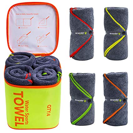 4Monster 4 Pack Microfiber Bath Towel Camping Towel Swimming Towel Sports Towel with Accessory Bag, Quick Dry & Super Absorbent for Travel Gym, Suitable for Adults Kids Family, 24 X 48 Inch