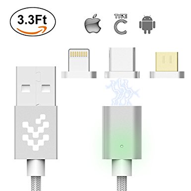 Magnetic USB Charging Cable, WMZ 3 in 1 Nylon Braided Data Cord 3.3Ft with Lightning,Type C,Micro Connectors and LED Light Charging & Data Transfer Cable for Android Micro and iPhone Port for iPhone 8