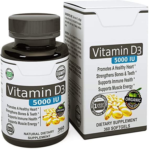 Vitamin D (D3) Pills 5000 IU by Vita Optimum - 360 softgels with Organic Olive Oil - Made in USA - 1 Year Supply