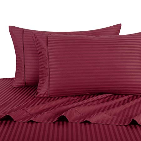 Royal Hotel Stripe Burgundy Full Size Sheets, 4PC Bed Sheet Set, 100% Cotton, 300 Thread Count, Sateen Striped, Deep Pocket