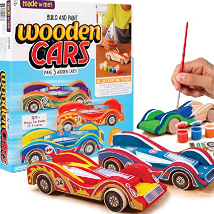 Made By Me 765940211366 Build & Paint Horizon Group USA, DIY Wood Craft Kit, Easy to Assemble & Paint 3 Race Cars. Wooden, Vehicles, Multicolor