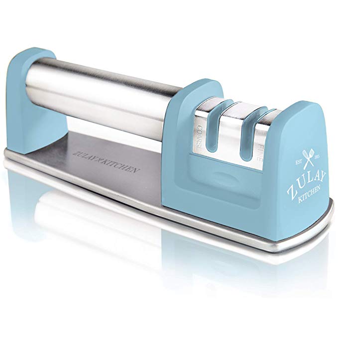 Zulay Manual Stainless Steel Knife Sharpener for Straight and Serrated Knives, Ceramic and Tungsten - Easy Sharpening for Dull Steel, Paring, Chefs and Pocket Knives, Sharpens Scissors - Aqua Sky Blue