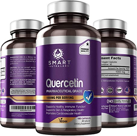 Quercetin 1000mg- 180 Vegan Capsules, 100% Pure Pharmaceutical Grade Quercetin Supplement- Supports Healthy Immune System, Cardiovascular Health, Anti-Inflammatory & Antioxidant Support