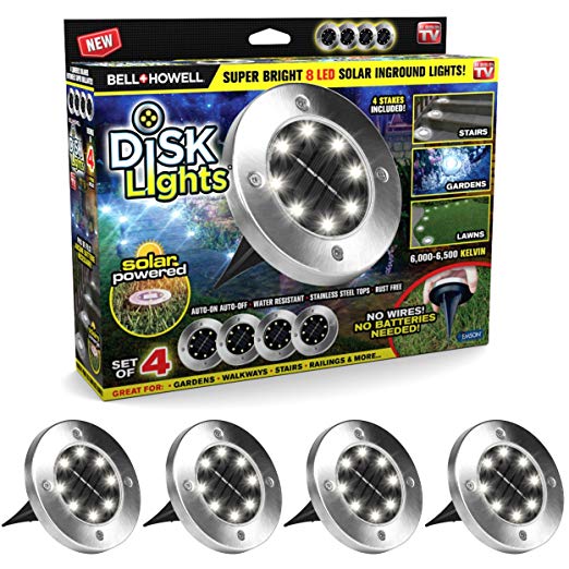 Disk Lights 8-LED Version Solar-Powered Auto On/Off Outdoor Lighting As Seen On TV (Set of 4; Deluxe)