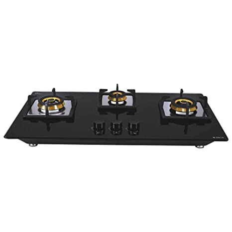 Elica Hob 3 Burner Auto Ignition Glass Top - 1 Small and 2 Medium Brass Gas Stove (Flexi FB HCT 375 DX)