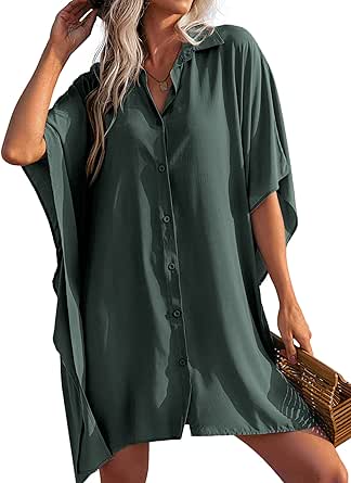 Ekouaer Women's Swimsuit Cover Up 3/4 Sleeve Beachwear Bikini Coverups Button Down Oversized Cover Up Shirt S-3XL