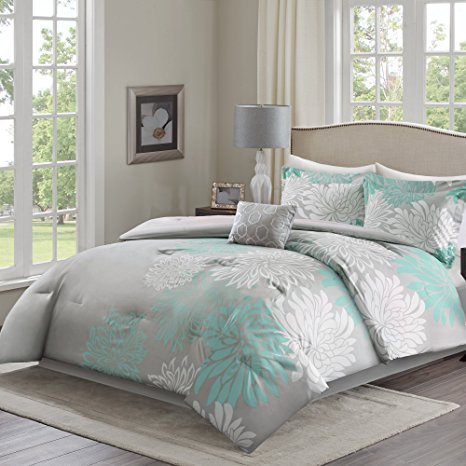 Comfort Spaces – Enya Comforter Set - 5 Piece – Aqua, Grey – Floral Printed – King size, includes 1 Comforter, 2 Shams, 1 Decorative Pillow, 1 Bed Skirt