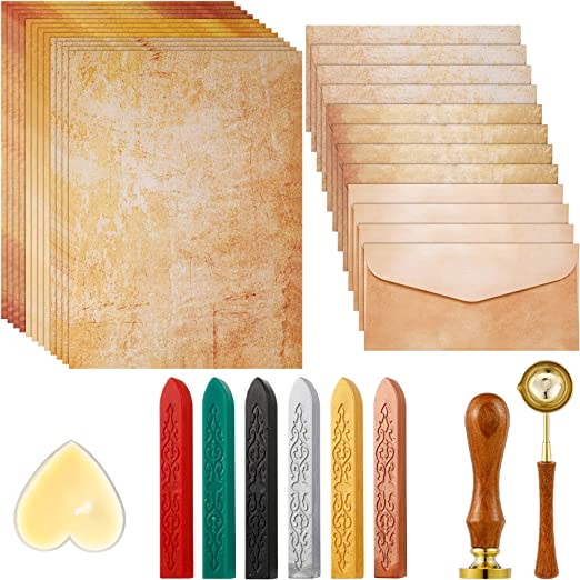 33 Pieces Vintage Paper and Envelopes Set, Including 12 Writing Stationery Paper Letter 12 Envelopes Sealing 6 Wax Sticks Seal Stamp Tea Candles and Wax Spoon for Envelope Stamp