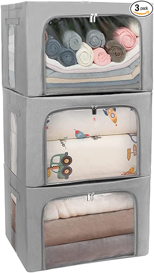 Stackable Clothes Storage Box for Clothing Gadgets,Steel Frame Storage Bins for Bedding Blankets Toys Gift,Foldable Oxford Fabric Closet Organizer Bag Set with Carry Handles and Clear Window (Large- 66L x3 Pack, Grey)