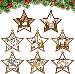 8 Pcs Christmas Nativity Scene Ornament 3D Christian Wooden Hanging Ornament Multilayer Christmas Religious Gifts Hanging Jesus Ornament Nativity Christmas Decorations for Xmas Tree (Star)