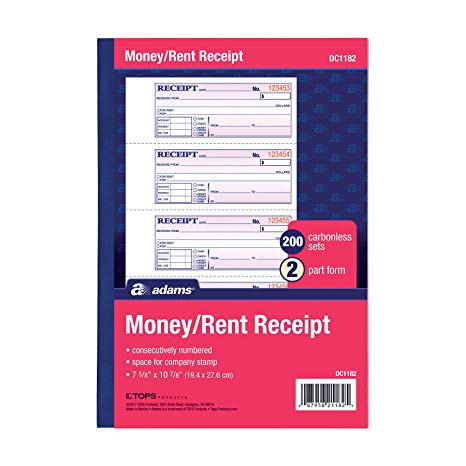 Adams Money and Rent Receipt Book, 2-Part, Carbonless, White/Canary, 7-5/8" x 10-7/8", Bound Wraparound Cover, 200 Sets per Book, 4 Receipts per Page (DC1182)