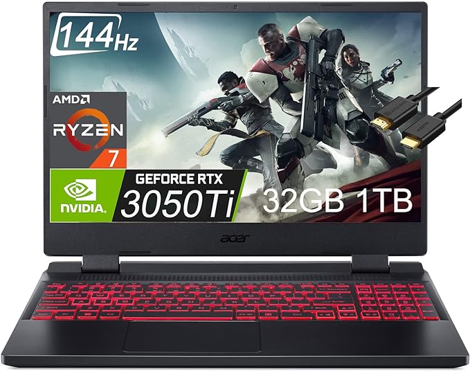 Acer Nitro 5 Gaming Laptop (17.3 inches FHD 144Hz, AMD 8-Core Ryzen 7 6800H (Beat i7-11800H), 32GB DDR5 RAM, 1TB SSD, GeForce RTX 3050 Ti 4GB), Backlit KB, Webcam, IST Cable, Win 11 Home - Black