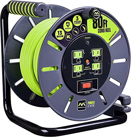 Masterplug 80ft Heavy Duty Extension Cord Open Reel with 4 120V / 10 and Integrated Outlets