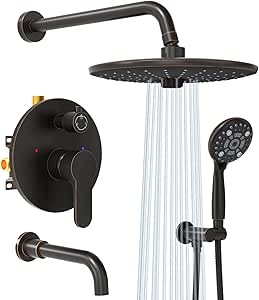 SR SUN RISE 10 Inches Wall Mounted Shower System with Tub Spout Shower Tub Faucets Sets Complete Newer Model High Pressure 3-Spray Rain Shower Head and 6-Setting Handheld Combo, Oil Rubbed Bronze