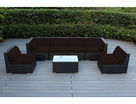 Ohana 7-Piece Outdoor Patio Wicker Furniture Sectional Conversation Set with Weather Resistant Cushions, Sunbrella Bay Brown (PN0703SBR)