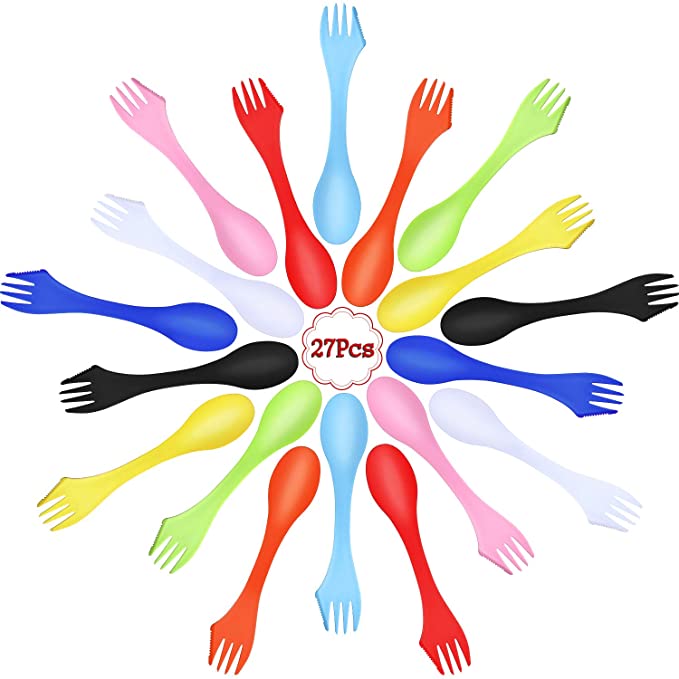 27 Pieces Camping Tritan Sporks Plastic 3 in 1 Spoon Fork and Knife Utensils Kit for Picnic, Outdoor Activities, 9 Colors