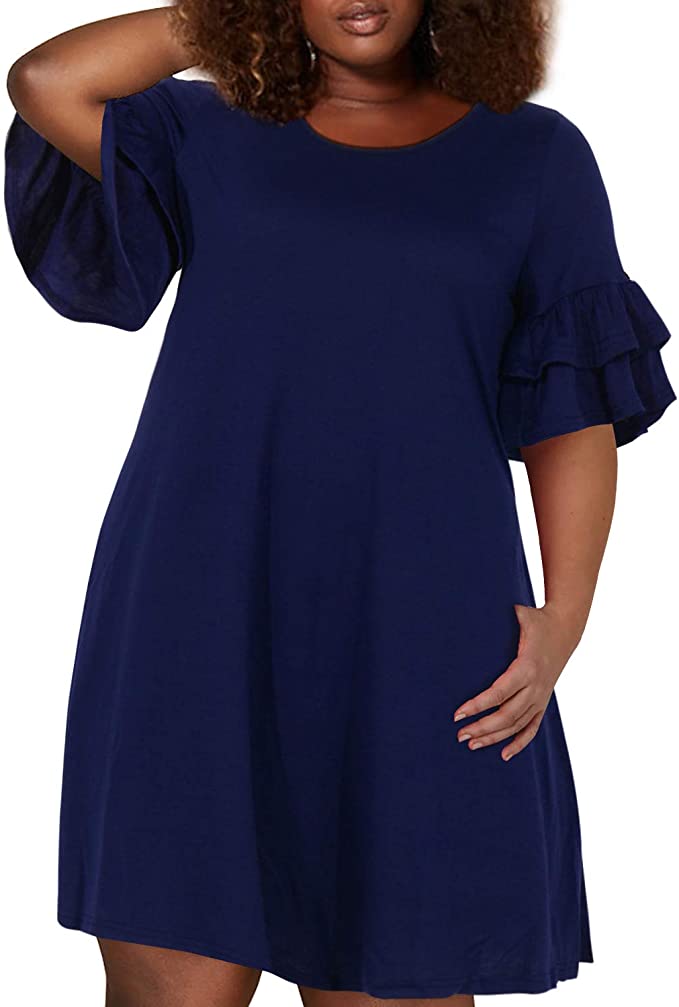 Nemidor Women's Ruffle Sleeve Jersey Knit Plus Size Casual Swing Dress with Pocket