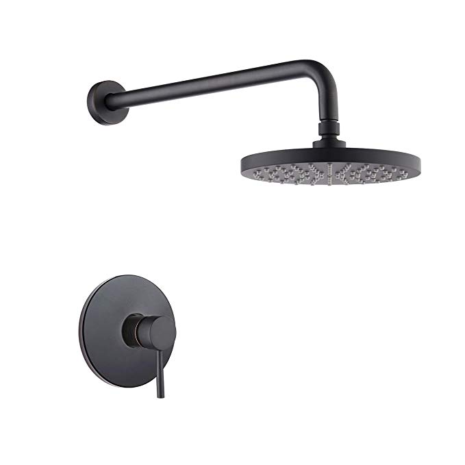 KES Pressure Balance Shower Valve and Trim Kit Combo Concealed Brass Shower Faucet Body with Faceplate Rainfall Shower Head and Supply Arm Single Handle Modern Round, XB6202-BK