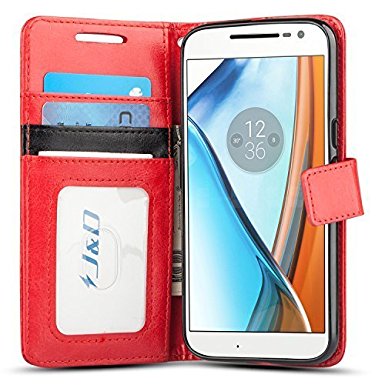 Moto G4 / G4 Plus Case, J&D [Wallet Stand] [Slim Fit] Heavy Duty Protective Shock Resistant Wallet Case for Motorola Moto G4, Moto G4 Plus [NOT COMPATIBLE WITH MOTO G4 PLAY] - Red