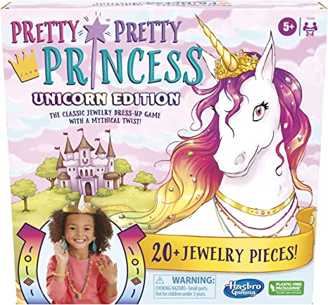 Hasbro Gaming Pretty Pretty Princess Unicorn Edition Board Game, Jewelry Dress-Up Game for Kids Ages 5 and Up, Includes 20 Jewelry Pieces (Amazon Exclusive)