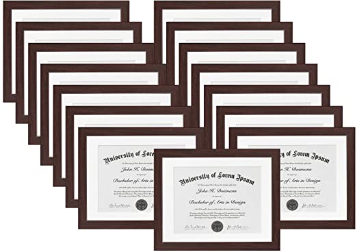 15 Pack - Mahogany Document Frames - Made to Display Documents Sized 8.5x11 Inches with Mat and 11x14 Inches without Mat - Document Frames, Certification Frames, High School Diploma Frames