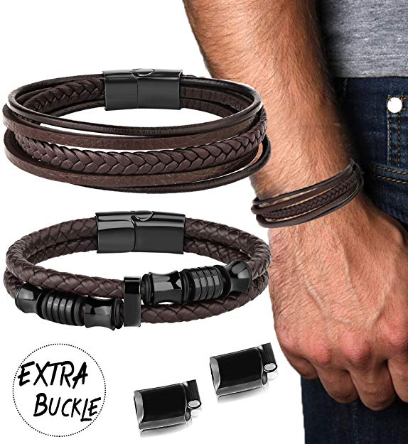 LOLIAS Wrap Leather Bracelet for Men Stainless Steel Magnetic-Clasp Braided Multi-Layer Bangle Cuff Bracelets