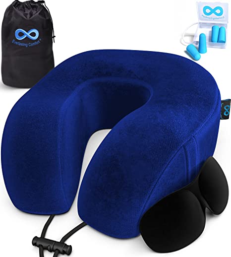 Everlasting Comfort Memory Foam Travel Pillow - Airplane Neck Rest & Plane Accessories (Blue)