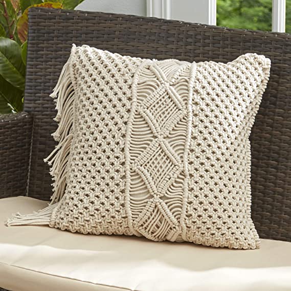The Lakeside Collection Macrame Throw Pillow with Soft, Sweater Design - Square 18"x18" - Stripe