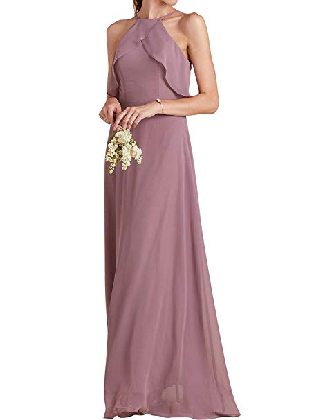 VICKYBEN Halter Chiffon Bridesmaid Dresses Long Ruffle Evening Gowns for Women